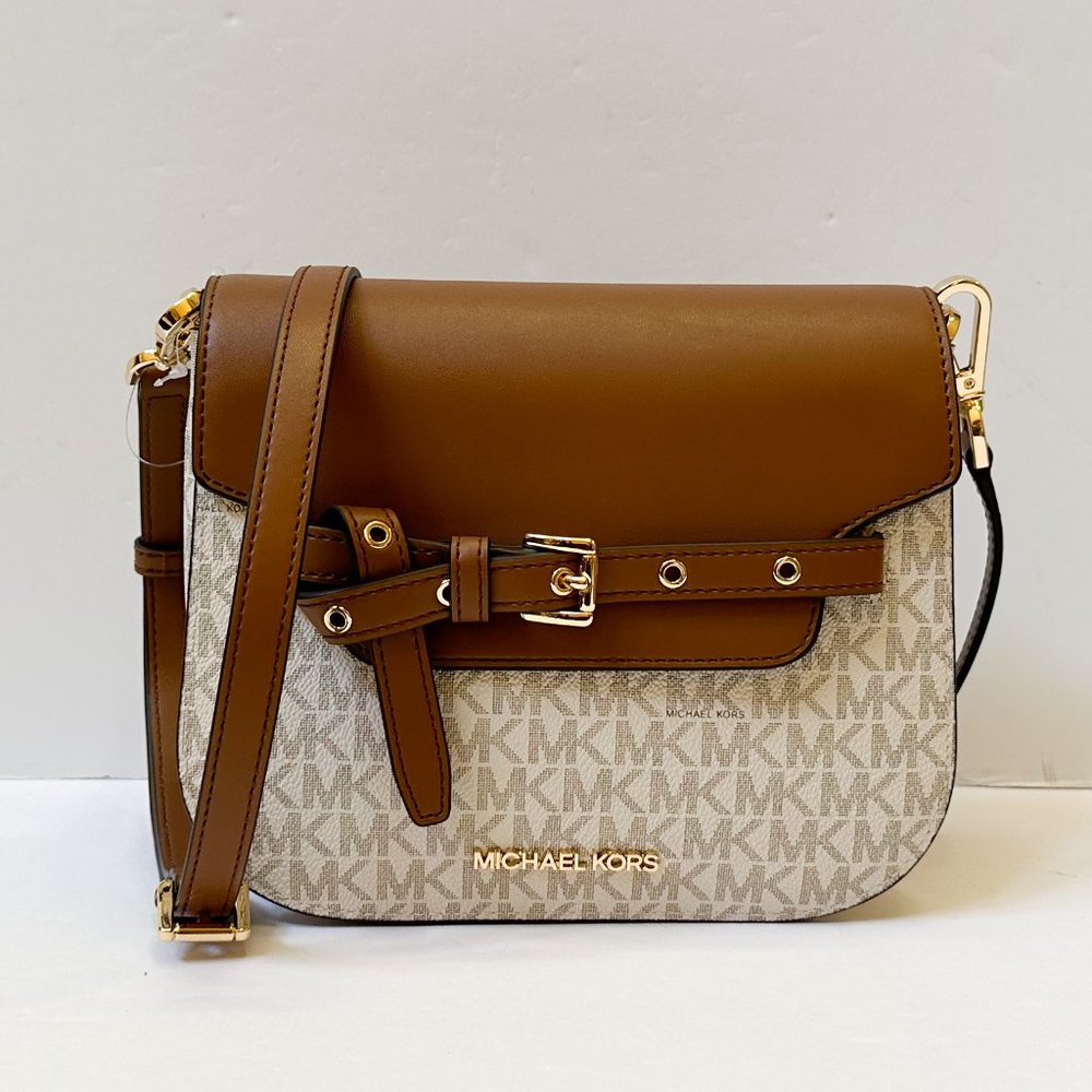 Michael Kors Emilia Small Saddle Crossbody Shoulder Bag MK Vanilla Brown - Picture 4 of 9